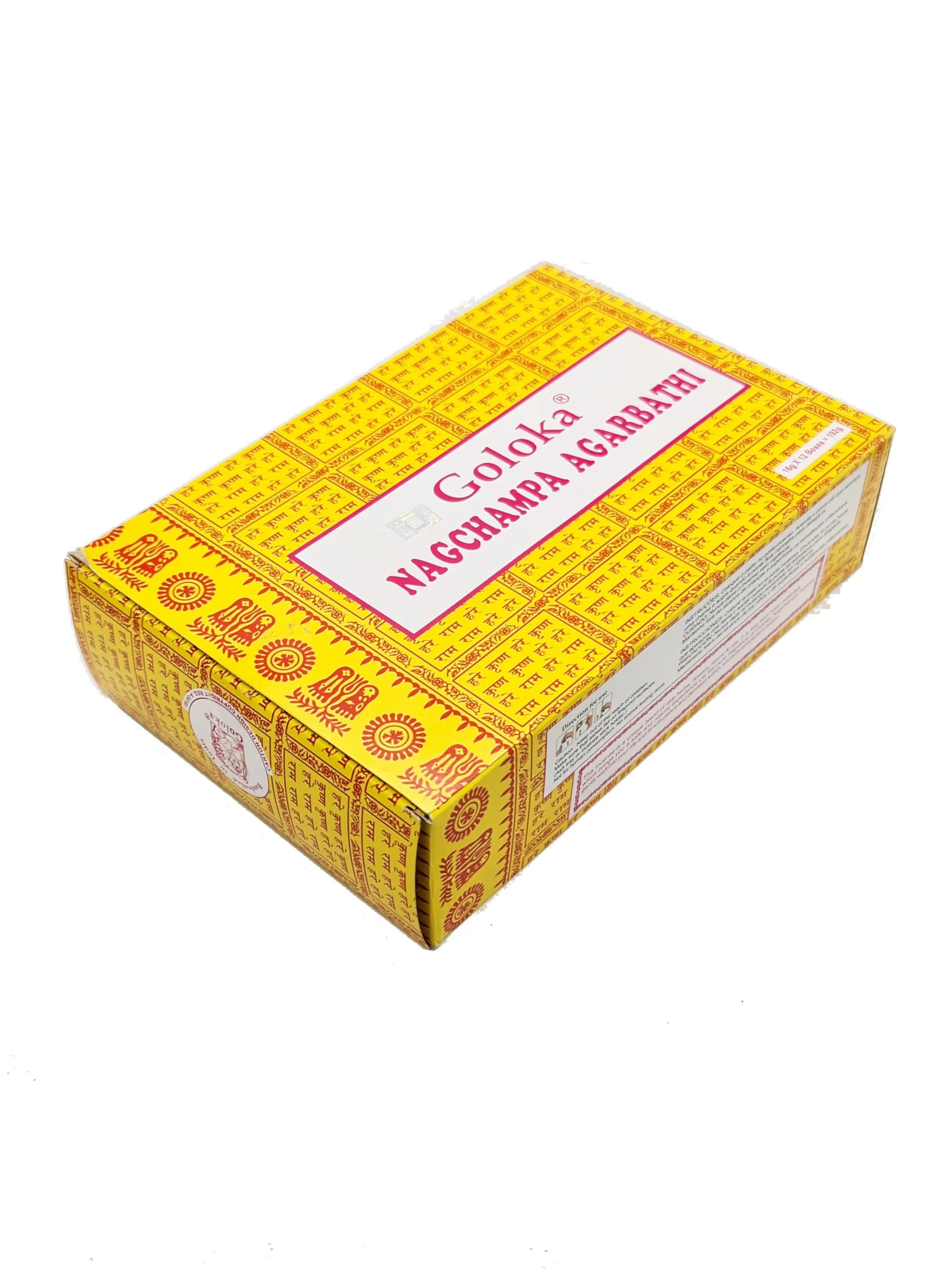 Paquete de 25 cajas de 8 gramos de la marca Goloka Nag Champa Agarbathi.